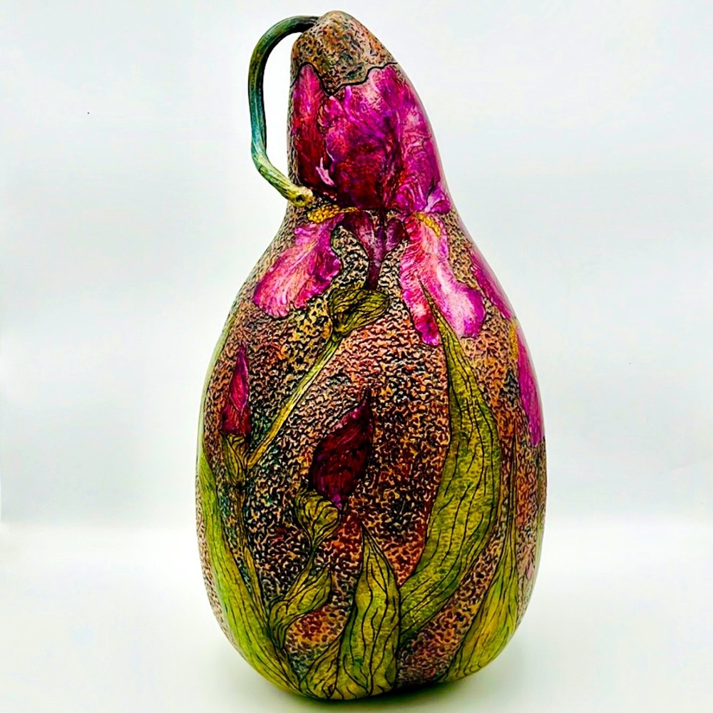 Hand Crafted Gourd Art
“ Iris in Purple with Lid ” Vessel by Kristina Simkins